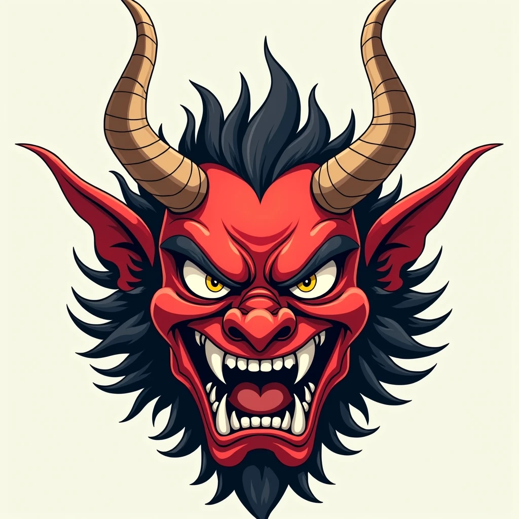 I need to create a neo-traditional tattoo style illustration of an oni mask but it must be in the shape of a bull. The color palette is red, black and white.