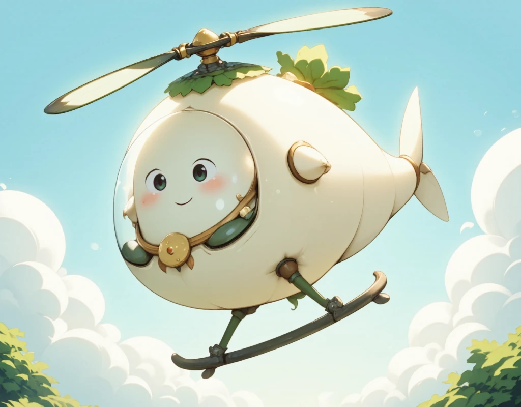 Cute helicopter in the shape of a white radish, white radish pilot.