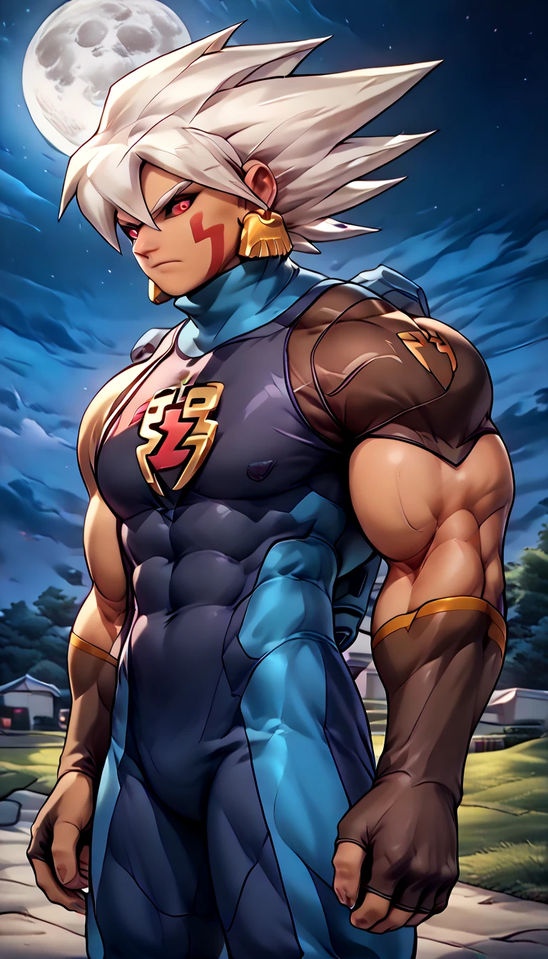  anatomically correct ,  Max Image,(((( huge muscles, sc1er6 {x} mega man {x} sc1er6 {x} mega man {x} x} x} is a good idea)))),source anime,highly detailed,score 9,score 8 up,score 7 up,male focus,((bl6ck _ sc1er6 , colored sclera, black sclera,gloves, elbow gloves, black gloves,  capelet , black  capelet , fingerless gloves))frown, cowboy shot, Alone ( mega man ), Alone, 1boy, white hair, spiked hair, hair between eyes, facial mark, white eyebrows, red eyes, dark skin, bodysuit, crest, earrings, long sleeves, upper body night, moon, outdoors,nsfw