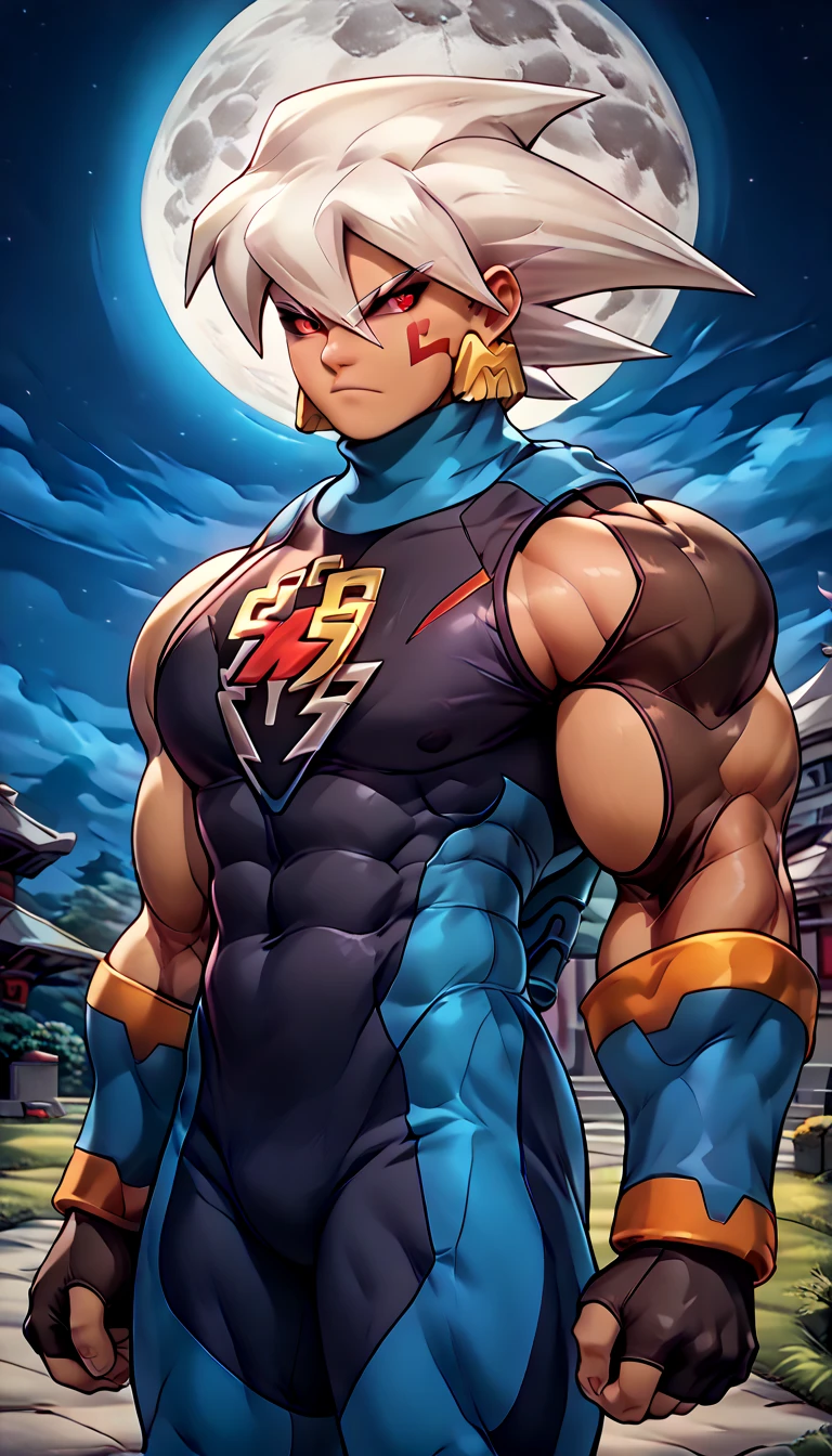  anatomically correct ,  Max Image,(((( huge muscles, sc1er6 {x} mega man {x} sc1er6 {x} mega man {x} x} x} is a good idea)))),source anime,highly detailed,score 9,score 8 up,score 7 up,male focus,((bl6ck _ sc1er6 , colored sclera, black sclera,gloves, elbow gloves, black gloves,  capelet , black  capelet , fingerless gloves))frown, cowboy shot, Alone ( mega man ), Alone, 1boy, white hair, spiked hair, hair between eyes, facial mark, white eyebrows, red eyes, dark skin, bodysuit, crest, earrings, long sleeves, upper body night, moon, outdoors,Bodybuilding Poses