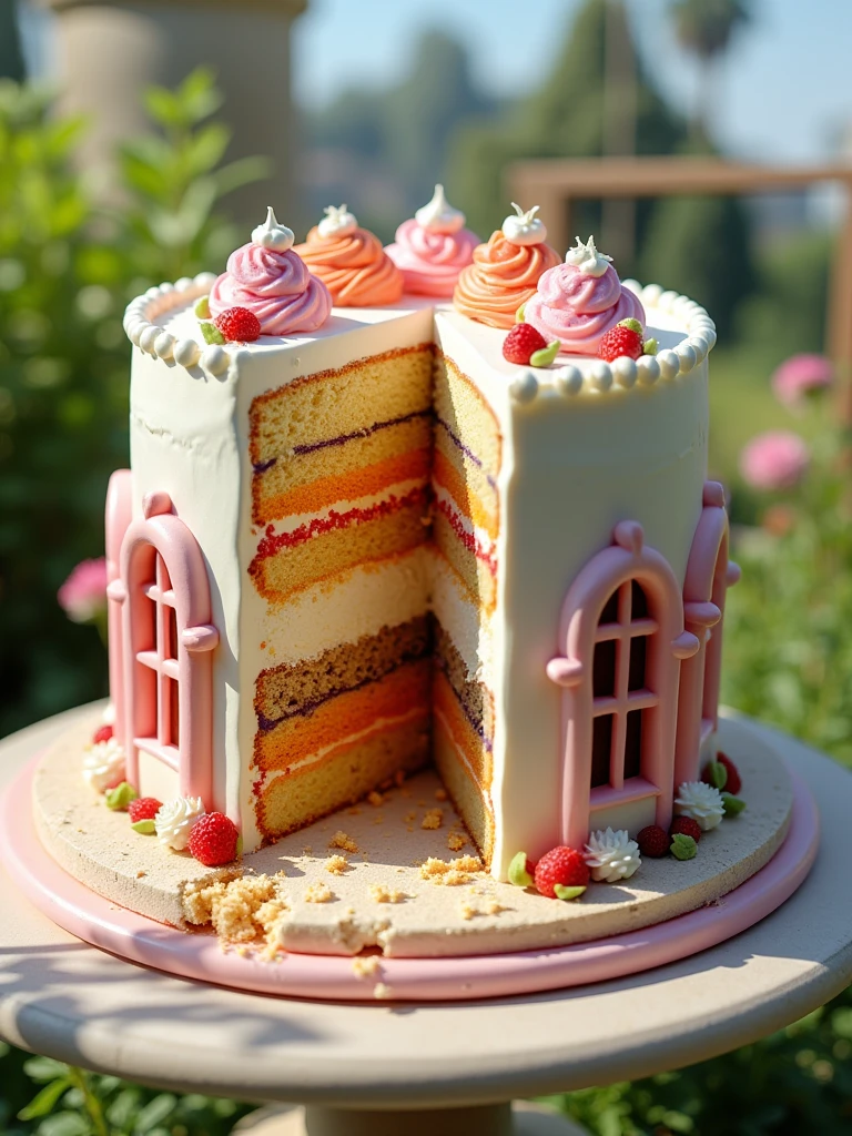 A hyper-realistic image of a magnificent building crafted entirely from cake, showcasing intricate architectural details like windows, balconies, and a textured exterior that resembles frosting and fondant. A sizable slice has been taken out, revealing layers of colorful sponge cake and rich frosting inside, with crumbs delicately falling from the edge. The setting is vibrant, with a lush garden surrounding the cake building, and natural sunlight highlights the glossy finish of the icing. The scene captures the whimsicality of a cake structure while maintaining an astonishing level of realism that draws viewers in.