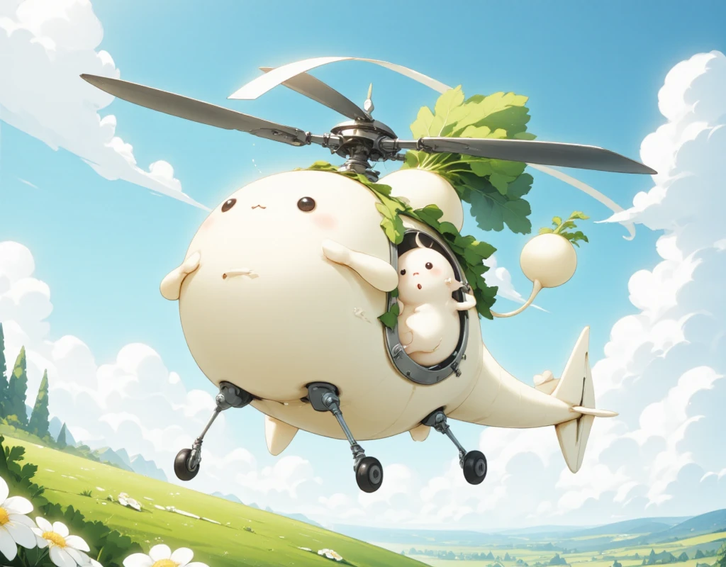 Cute helicopter in the shape of a white radish, white radish pilot.