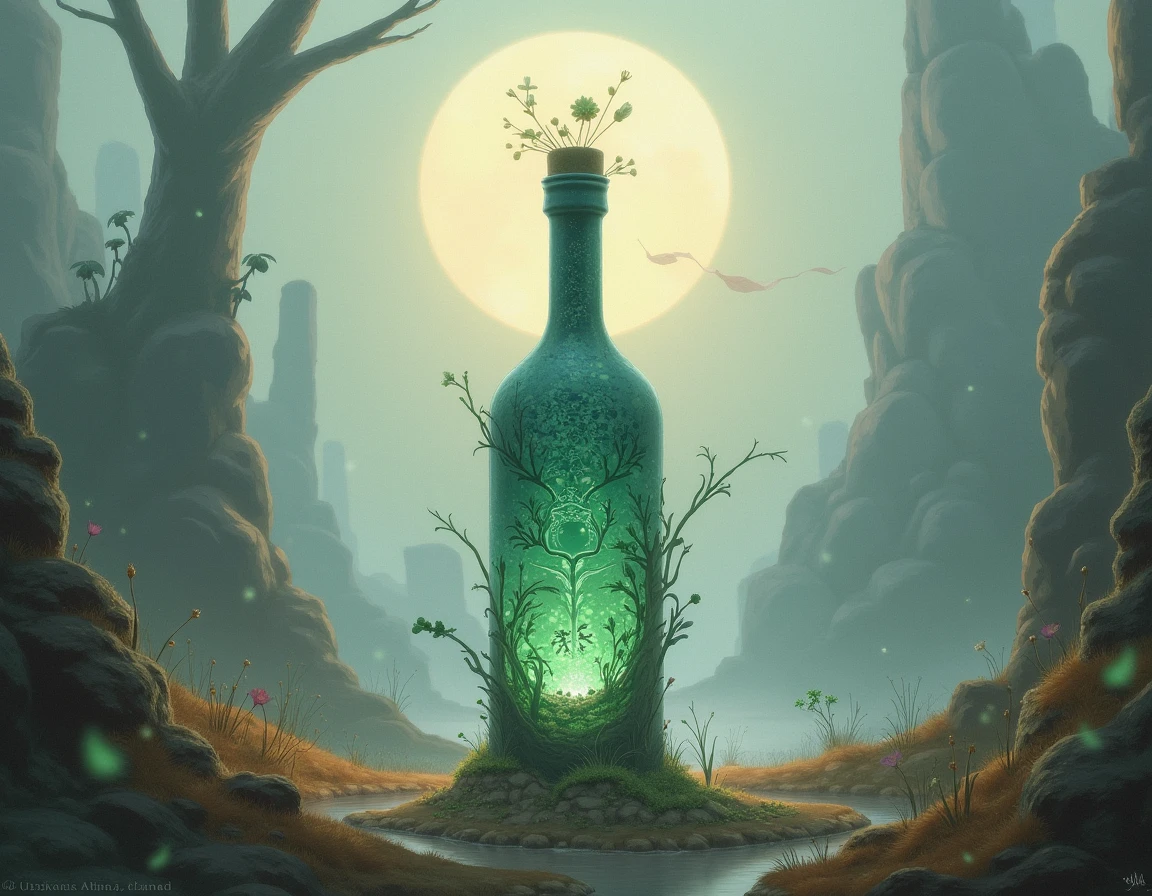 a colossal bottle which contained a majectic lake , very high quality and Very detailed scene , Octane render, Starry Sky , Dreams , Giant green Moon , Vaut of heaven , Inspiration, Imagination