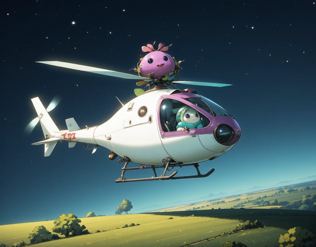 Cute helicopter in the shape of a white radish, white radish pilot, night flight,