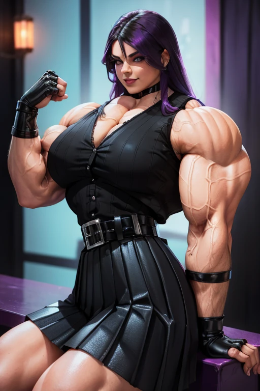perfect face ,woman with very long braids hairstyles,red lips and yellow eyes, A muscular body with huge muscular arms and legs and very big , curvy  and very big and huge, purple  bikini, standing in the room pink ,v9 realisian style,high quality ,ultra detailed.