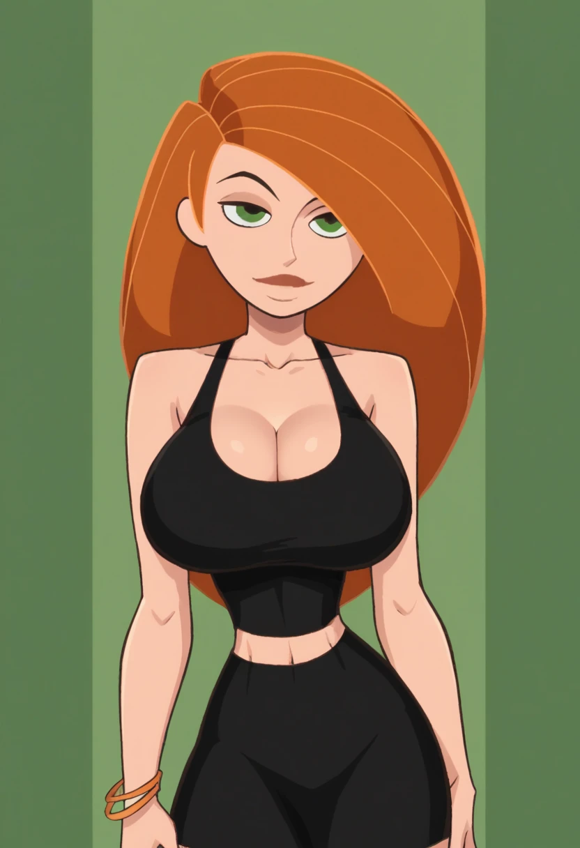 score_9, score_7_up, 1girl, solo, kim possible, portrait, black turtleneck sweater, cleavage, pastel background, gradient background, freckles, large breasts, (((looking to the viewer))), looking the camera, photoshoot, highres, bashful kinky look