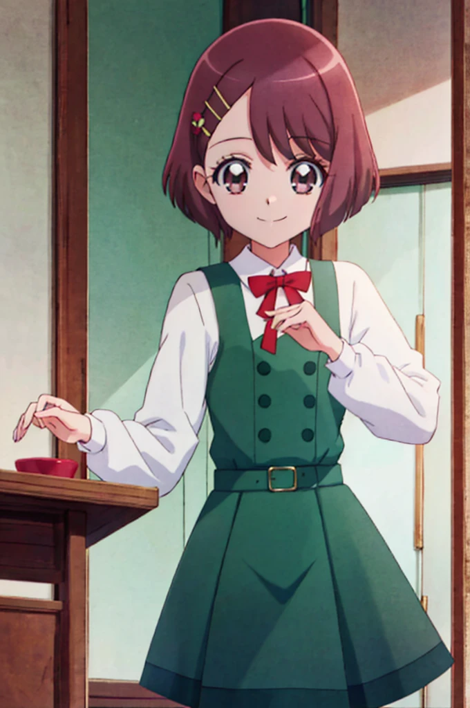  1 girl, Alone, smile,  standing,  green uniform 、 red ribbon ,  upper body, Hanadera Nodoka,