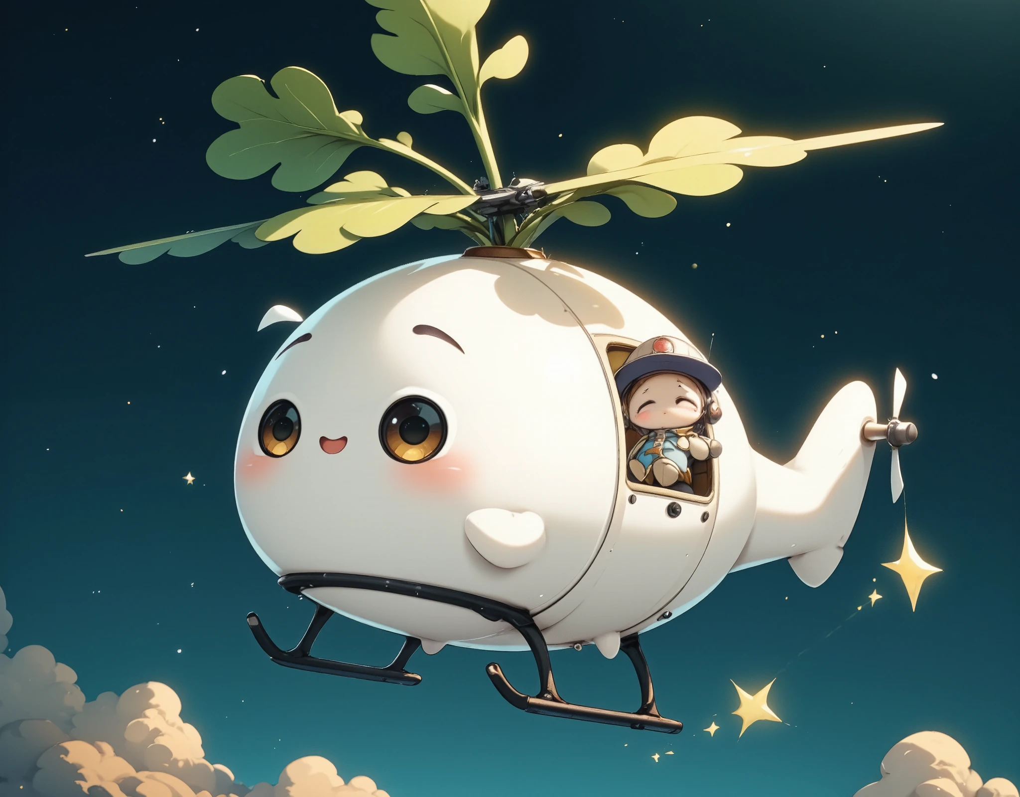 Cute helicopter in the shape of a white radish, white radish pilot, night flight,