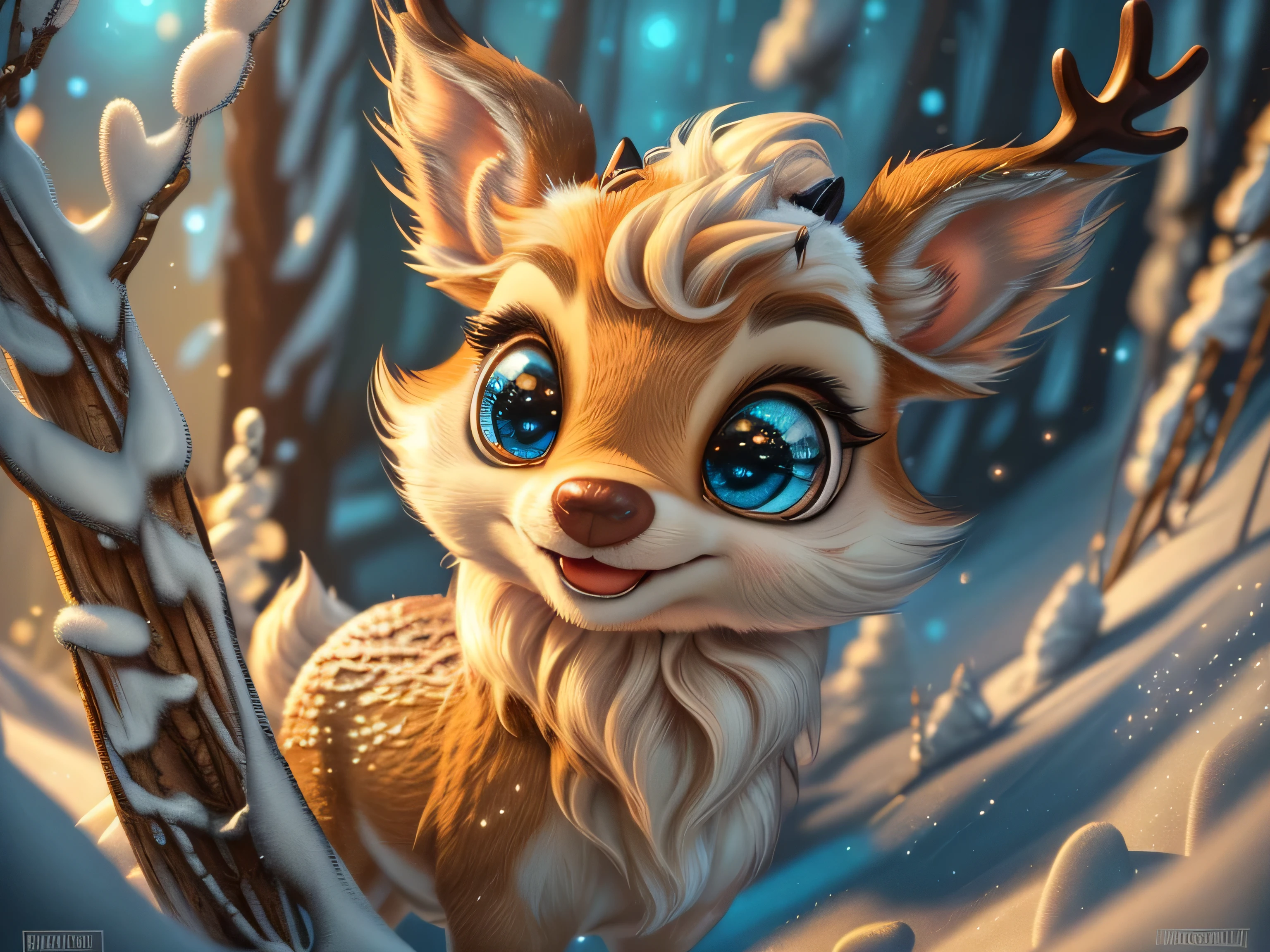 Magical Fantasy Creature, (Best Quality, Masterpiece, Representative Work, Official Art, Professional, Super Detailed, 8k:1.3), (Photorealism:1.2) Super Cute, Big Eyes, Soft, Soft Nose, Fluffy, Double-Toothed Smile, Aurorastyle, Highly detailed Dynamic shot of majestic adorable baby reindeer, high quality, beautiful masterpiece, fantasy creature, kawaii, digital art, glowing sparkles, Realistic, Beautiful, Stars in Eyes, Soft Volumetric Light, (Backlight:1.3), (Cinematic:1.2), Intricate Details, (ArtStation:1.3), --auto --s2