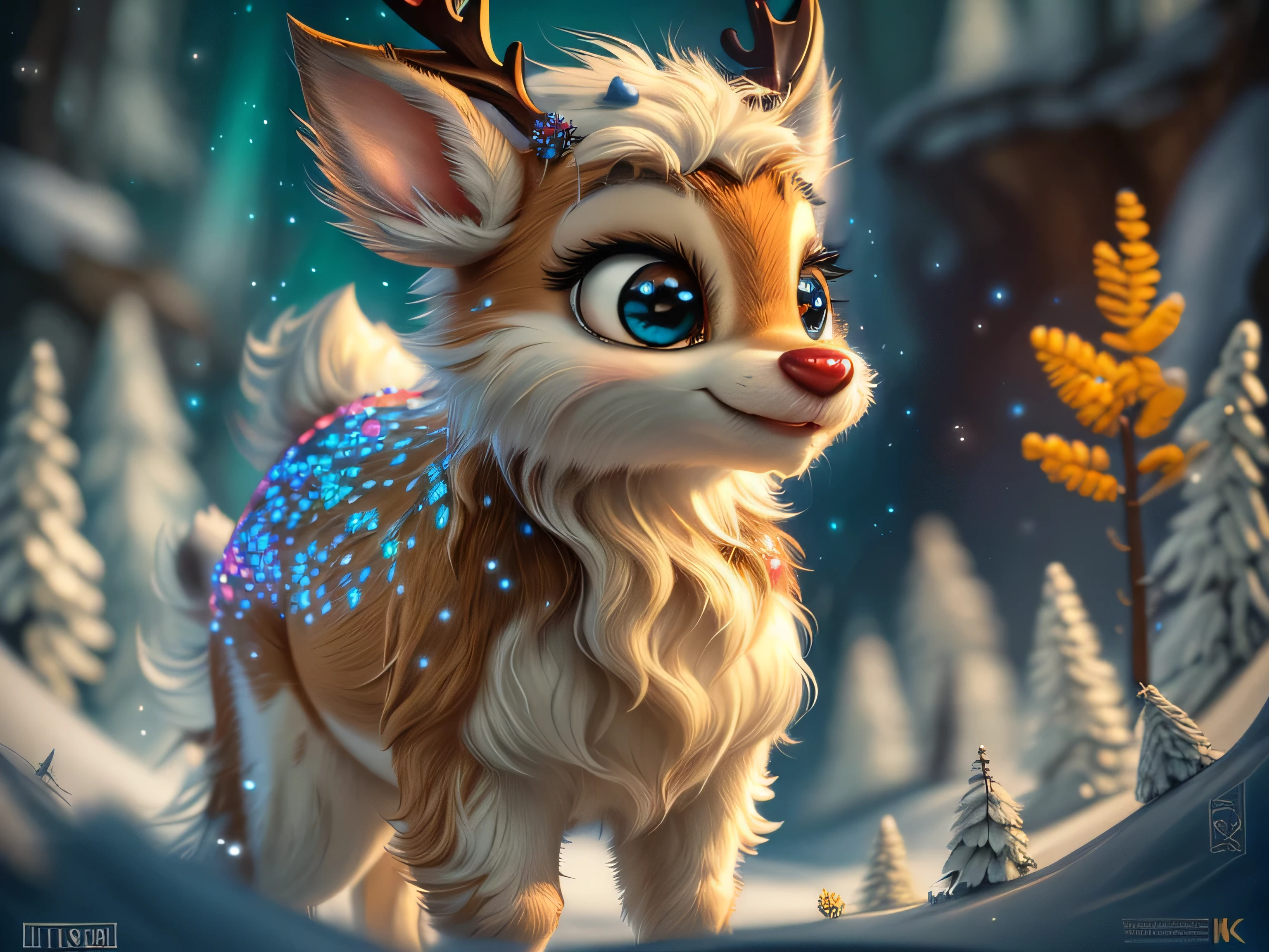 Magical Fantasy Creature, (Best Quality, Masterpiece, Representative Work, Official Art, Professional, Super Detailed, 8k:1.3), (Photorealism:1.2) Super Cute, Big Eyes, Soft, Soft Nose, Fluffy, Double-Toothed Smile, Aurorastyle, Highly detailed Dynamic shot of majestic adorable baby reindeer, high quality, beautiful masterpiece, fantasy creature, kawaii, digital art, glowing sparkles, Realistic, Beautiful, Stars in Eyes, Soft Volumetric Light, (Backlight:1.3), (Cinematic:1.2), Intricate Details, (ArtStation:1.3), --auto --s2