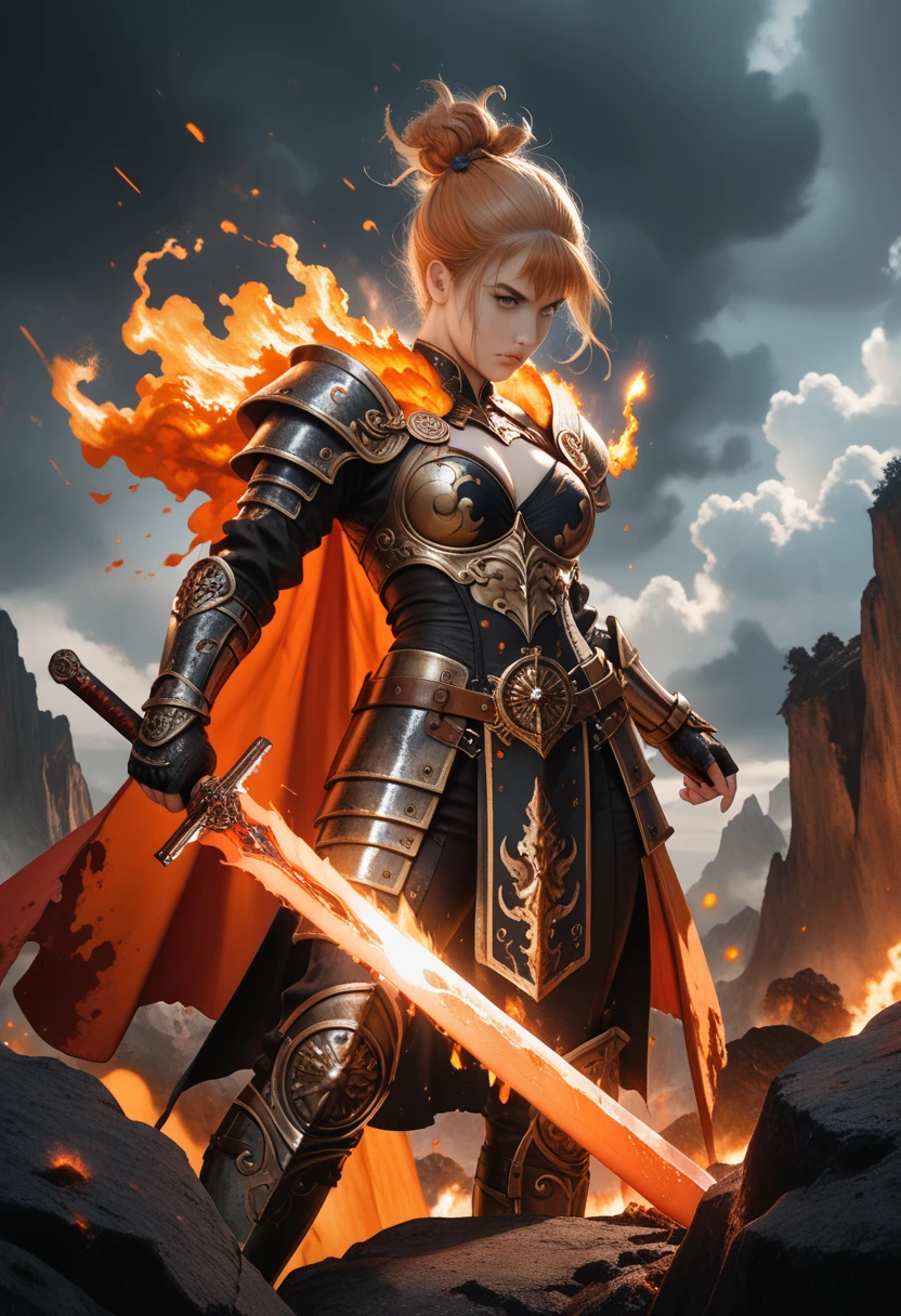 up close shot of gabsy1 with a flaming sword, (wearing full body battle armour), (battle field background), (holding flaming sword), Photorealistic, Hyperrealistic, Hyperdetailed, analog style,demure, detailed skin, matte skin, soft lighting, subsurface scattering, realistic, heavy shadow, masterpiece, best quality, ultra realistic, 8k, golden ratio, Intricate, High Detail, film photography, soft focus, detailed skin texture, (blush:0.5), (goosebumps:0.5), subsurface scattering