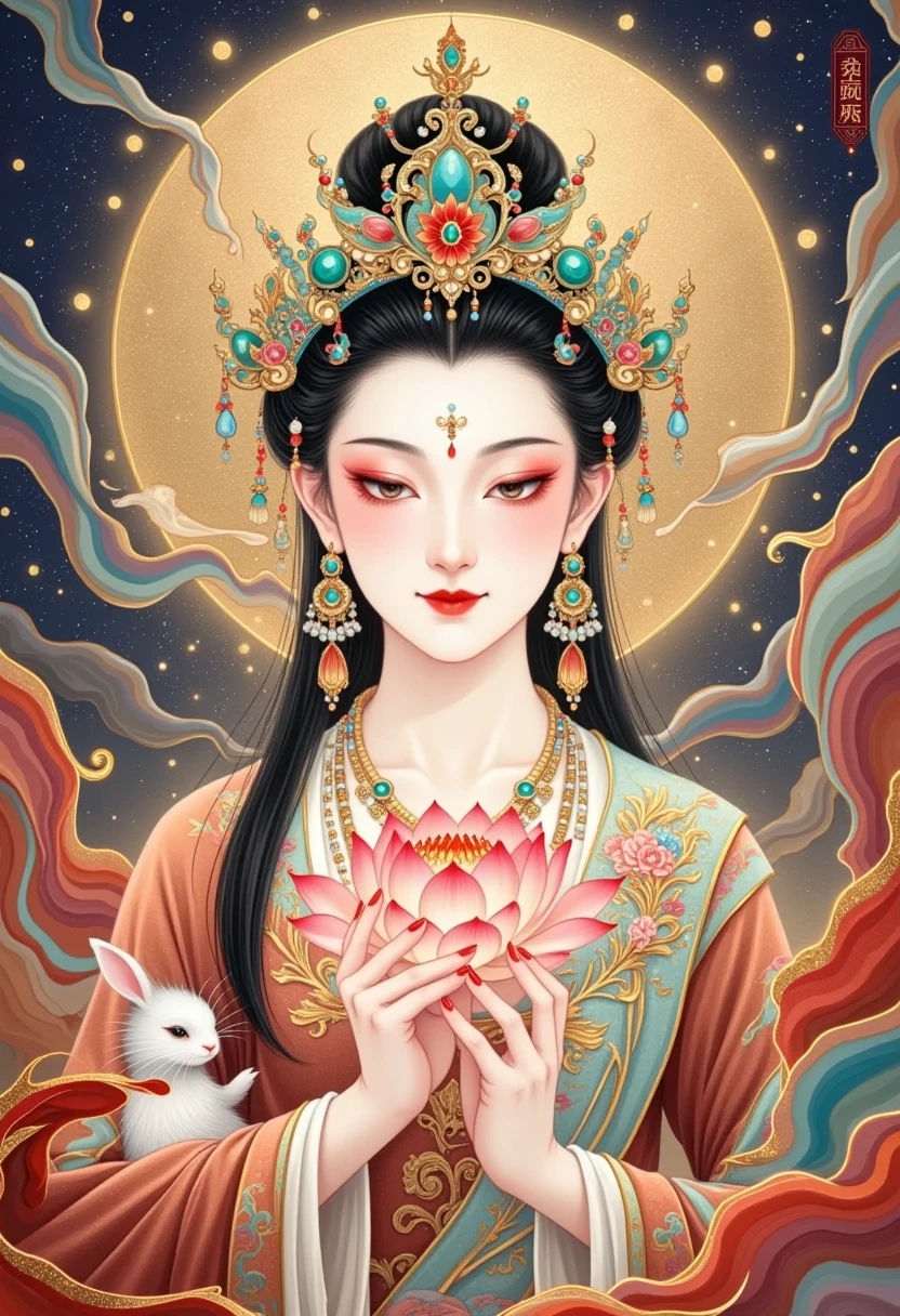  thangka illustration 。 Colorful flying sky   ， red silk flowing ，   a beautiful goddess with golden clouds {x}  and sky background ,  Portrait of a very beautiful girl  ， Tara Buddha statue   ，  red eyeshadow，  red face  ， red lips，，forward，  skin details  ，Fine Hair。crown(Dotted emerald   +Cloisonne+   gold and silver enamel  +flower+pearl+tassel)，  upper body , 手持莲flower .   Fair Skin  ,   Surrounded by clouds ，   has a golden halo on her face   .(((，satin，  Red silk streamer )))
Golden Fantasy 。 Glowing particles 。  ray tracing  。Double Exposure。 A little white rabbit 。