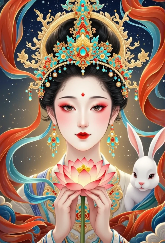  thangka illustration 。 Colorful flying sky   ， red silk flowing ，   a beautiful goddess with golden clouds {x}  and sky background ,  Portrait of a very beautiful girl  ， Tara Buddha statue   ，  red eyeshadow，  red face  ， red lips，，forward，  skin details  ，Fine Hair。crown(Dotted emerald   +Cloisonne+   gold and silver enamel  +flower+pearl+tassel)，  upper body , 手持莲flower .   Fair Skin  ,   Surrounded by clouds ，   has a golden halo on her face   .(((，satin，  Red silk streamer )))
Golden Fantasy 。 Glowing particles 。  ray tracing  。Double Exposure。 A little white rabbit 。