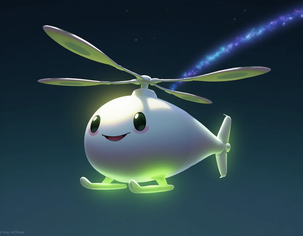 Cute helicopter in the shape of a white radish, green glowing helicopter wings, searchlight, white radish pilot, night flight, shooting star.