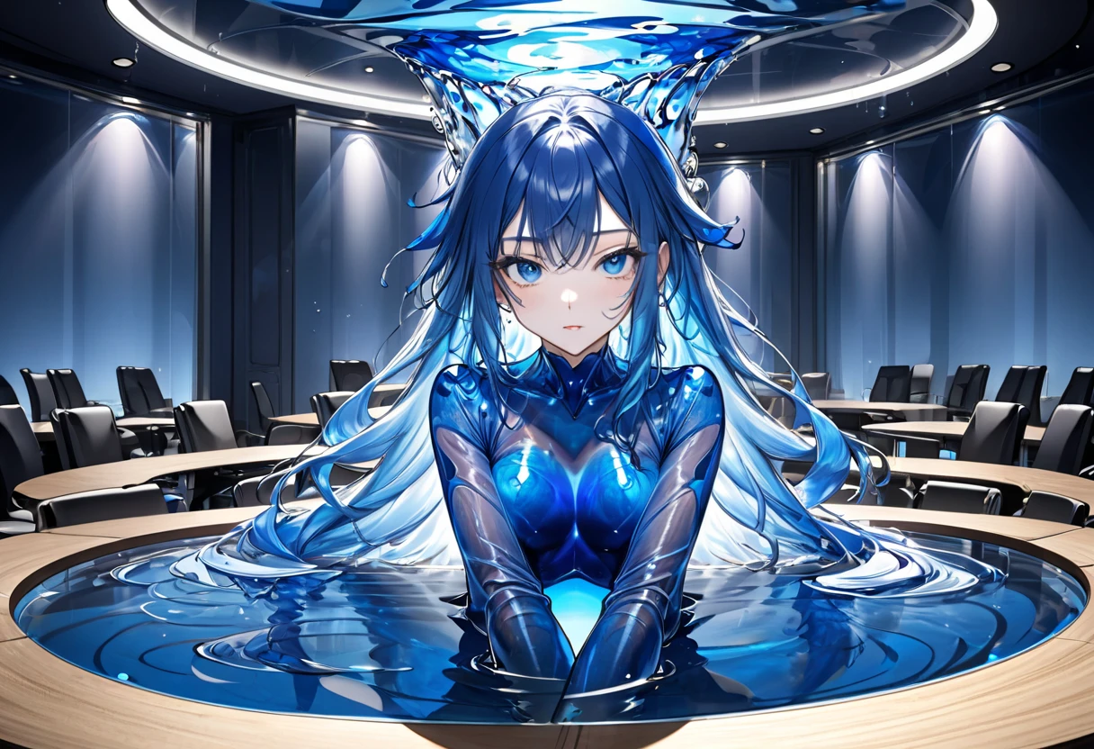 (slime girl, masculine face, short hair), {office background}, {{tie, shirt, slime business suit, men's underwear}}, horrified, {slime creature, blue slime, red slime, slime girl, slime transformation},