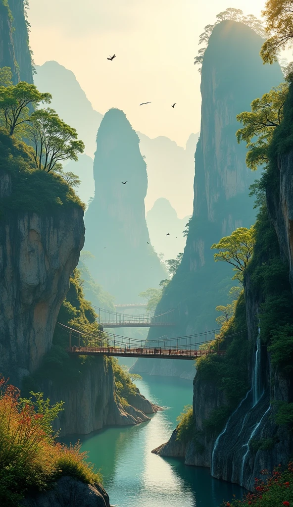 "Imagine a breathtaking and unique landscape of Zhangjiajie in Hunan Province, famous for its vertical sandstone formations, towering peaks, and lush greenery. The scene is captured at dawn, with soft mist enveloping the mountains, creating a mystical atmosphere. In the background, the rock pillars rise towards the sky, with small waterfalls flowing into a tranquil river below. The golden light of the rising sun illuminates the trees and wildflowers, while the environment is calm and serene. Details of birds flying between the mountains and wooden suspension bridges connecting the rock formations add a sense of tranquility and harmony. The color palette includes vibrant greens, blues and grays of the rocks, with touches of golden light in the sky. The scene is cinematic, with soft lighting and reflections in the water. Hyper-realistic and cinematic style, focused on the serene and mysterious beauty of Zhangjiajie."
