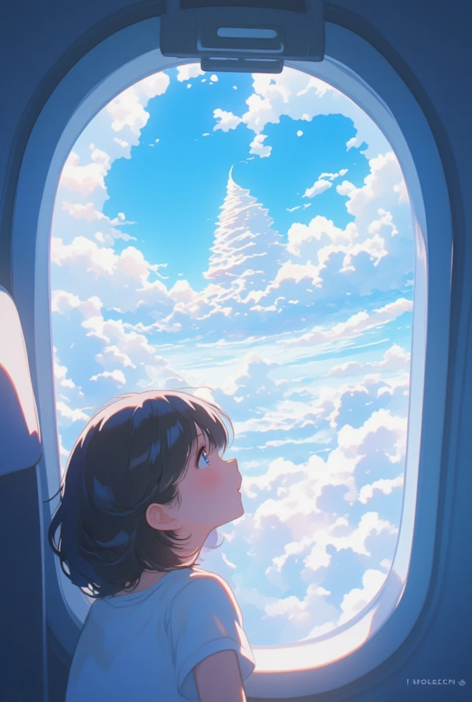  A girl looking out of an airplane window、窓の外にはClouds in the shape of ice cream 、 view from an airplane window 、 clouds drawn with an airbrush 、Cloud vortex、Clouds in the shape of ice cream 