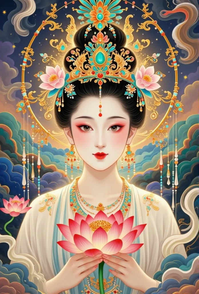  thangka illustration 。 Colorful flying sky   ， red silk flowing ，   a beautiful goddess with golden clouds {x}  and sky background ,  Portrait of a very beautiful girl  ， Tara Buddha statue   ，  red eyeshadow，  red face  ， red lips，，forward，  skin details  ，Fine Hair。crown(Dotted emerald   +Cloisonne+   gold and silver enamel  +flower+pearl+tassel)，  upper body , Handheld lotus flower .   Fair Skin  ,   Surrounded by clouds ，   has a golden halo on her face   .(((，satin，  Red silk streamer )))
golden fantasy 。 Glowing particles 。  ray tracing  。Double Exposure。 A little white rabbit 。