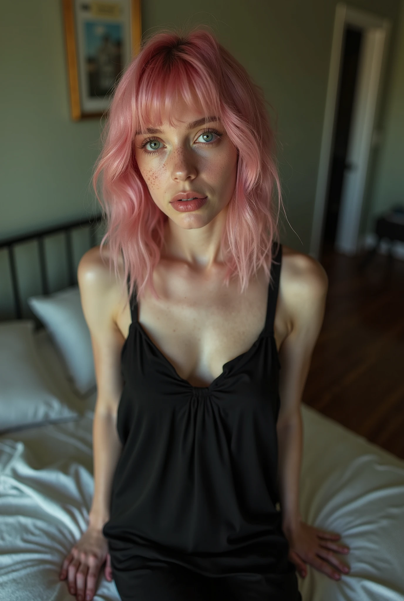 Pale skin curly pink hair woman standing in bathroom nude