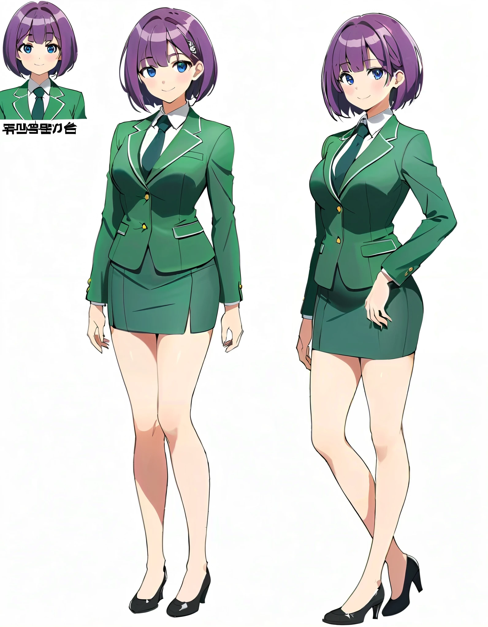 (masterpiece), (best quality), (highres), 1girl, solo, highly detailed, green suit and tie, pencil skirt, miniskirt, bare legs, matching shoes, looking at viewer, perfect hands, perfect eyes, perfect legs, perfect arms, perfect fingers, medium breasts, purple hair, short hair, bob hair, blue eyes, standing, smile, full body with costume. Simple background, multiple views of the same character,model sheet,chatacter sheet