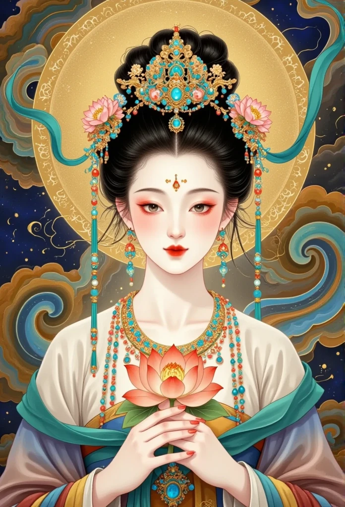  thangka illustration 。 Colorful flying sky   ， red silk flowing ，   a beautiful goddess with golden clouds {x}  and sky background ,  Portrait of a very beautiful girl  ， Tara Buddha statue   ，  red eyeshadow，  red face  ， red lips，，forward，  skin details  ，Fine Hair。crown(Dotted emerald   +Cloisonne+   gold and silver enamel  +flower+pearl+tassel)，  upper body , Handheld lotus flower .   Fair Skin  ,   Surrounded by clouds ，   has a golden halo on her face   .(((，satin，  Red silk streamer )))
golden fantasy 。 Glowing particles 。  ray tracing  。Double Exposure。 A little white rabbit 。