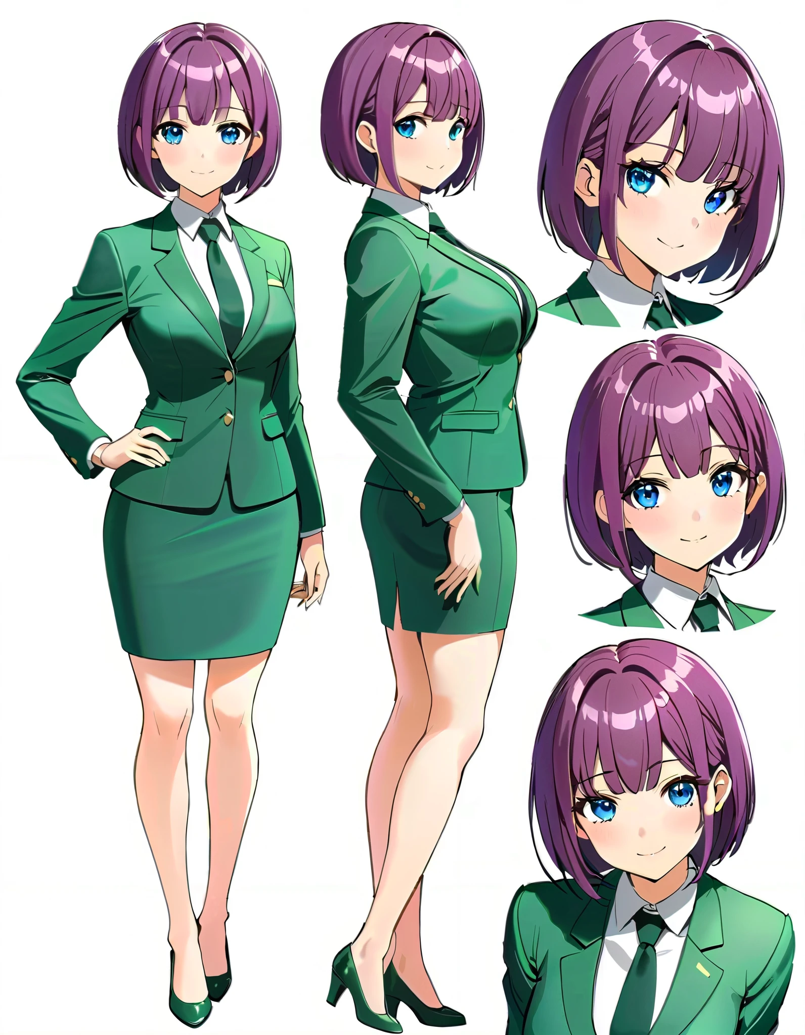 (masterpiece), (best quality), (highres), 1girl, solo, highly detailed, green suit and tie, pencil skirt, miniskirt, bare legs, matching shoes, looking at viewer, perfect hands, perfect eyes, perfect legs, perfect arms, perfect fingers, medium breasts, purple hair, short hair, bob hair, blue eyes, standing, smile, full body with costume. Simple background, multiple views of the same character,model sheet,chatacter sheet