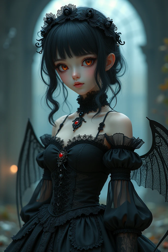 a demon girl with a very short black and pink gothic outfit, white hair, cute, with bat wings, black horns, fangs in her teeth, and little chest, cute