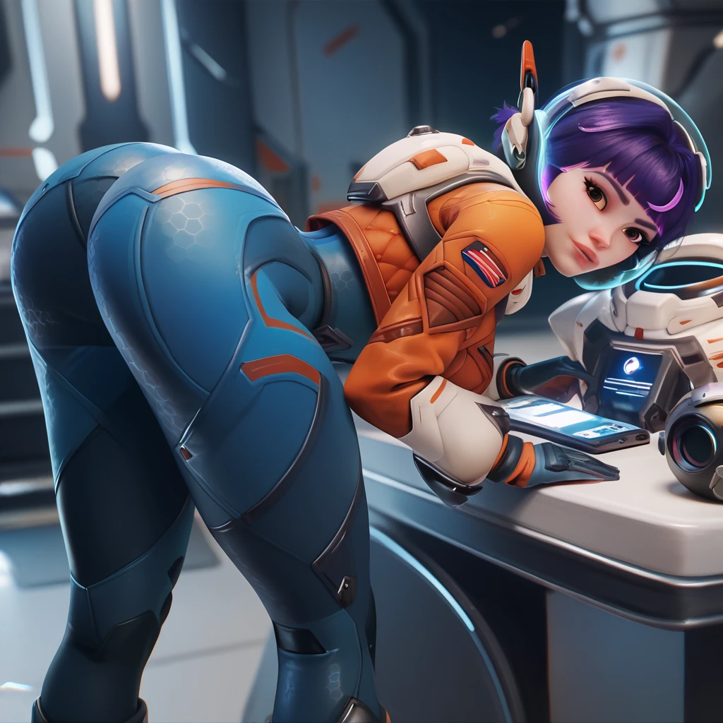 1girl, short hair, brown eyes, curvy waist, skinny, butt, big , bent over, big butt, exposed , horny, ass, jn0, space suit, purple hair,