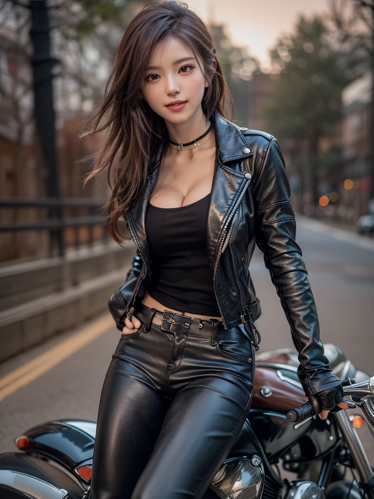 ((highest quality, 8k, masterpiece: 1.3)), Masterpiece Best Quality, (Sharpen your face: 1.5), perfect body beauty: 1.4,(((Woman on motorcycle))),slender body,((Long-sleeved biker jacket and black long pants)),Highly detailed face and skin texture, Natural light,smile、rider boots, long legs, camel toe