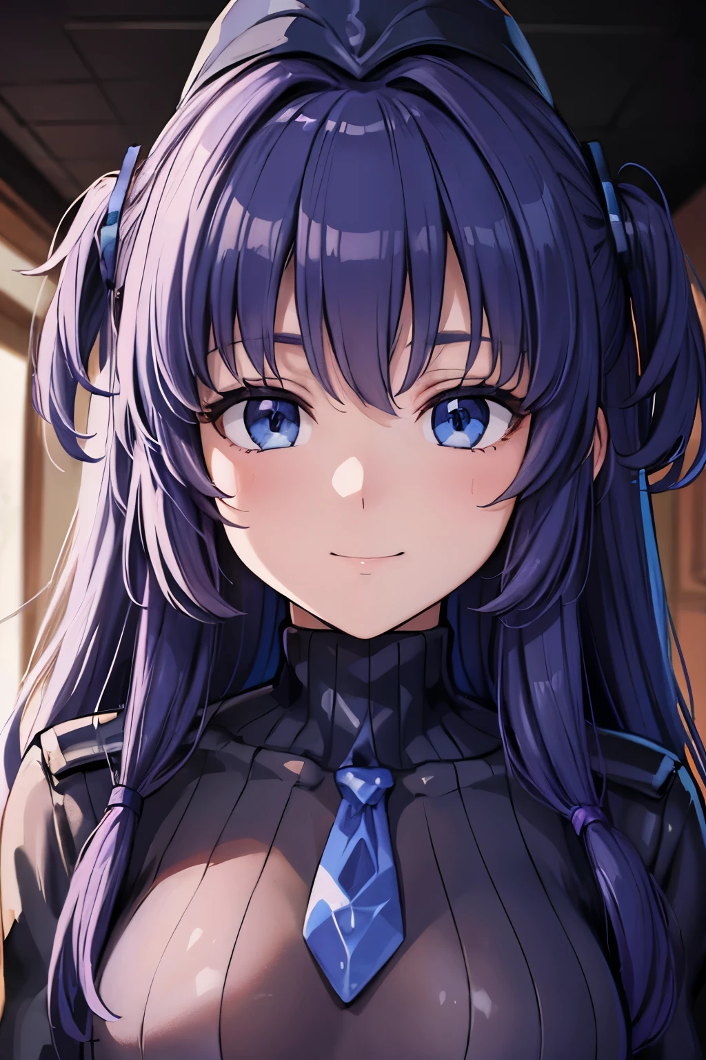 masterpiece, highest quality, (highest quality), (best illustrations), 8k,face close up,on the bed, {{{masterpiece}}}, {{{best quality}}}, {{Super detailed}}, {{very delicate and beautiful}},smile,black DOLLSUIT,DOLLSUIT,{{{best quality}}}, {{Super detailed}}, masterpiece, highest quality, (highest quality), (best illustrations), 8k,{{{masterpiece}}}, {{{best quality}}}, {{Super detailed}}, {{{best quality}}}, {{Super detailed}}, face close up, yuuka, blue eyes, halo, purple hair, two side up, long hair,