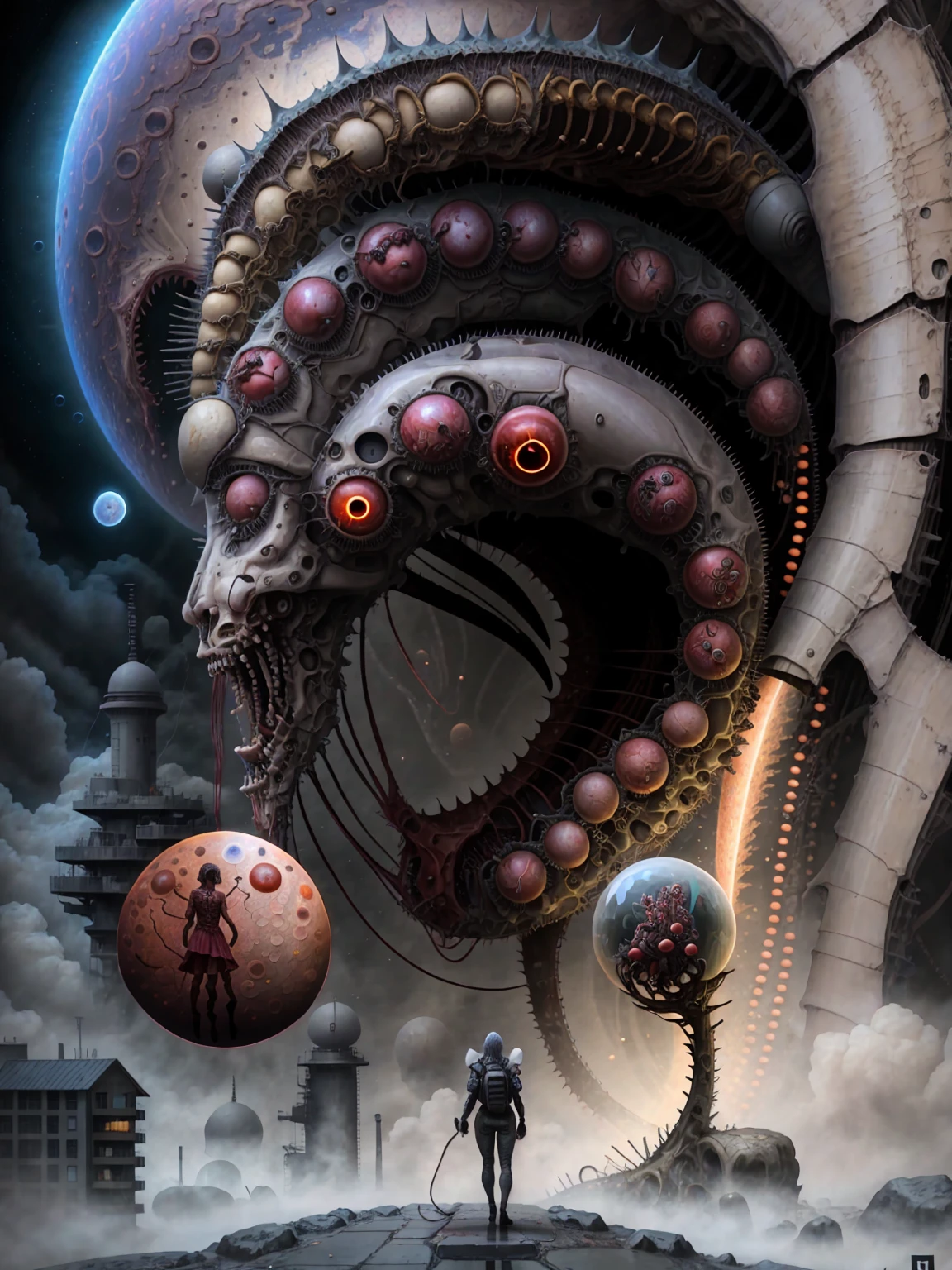Vertical digital illustration surreal and visionary art mixed sci-fi terror cosmic comics, to wide angle city buildings with carbon fiber , multidimensional creatures based carbon fiber life, the city It feeds on blood, neon lights, post apocalyptic, multichromatic, devil creatures, Encapsulated nature, tree inside a glass capsule, blood moon Vanishing , capsules_ blood biobattery, unified theory, hr giger, frank Frasetta, Alex Gray, dark psychodelic, vivid color, depth of fie, motors, wires, buttons, lcd, artstation trending, unreal engine 5