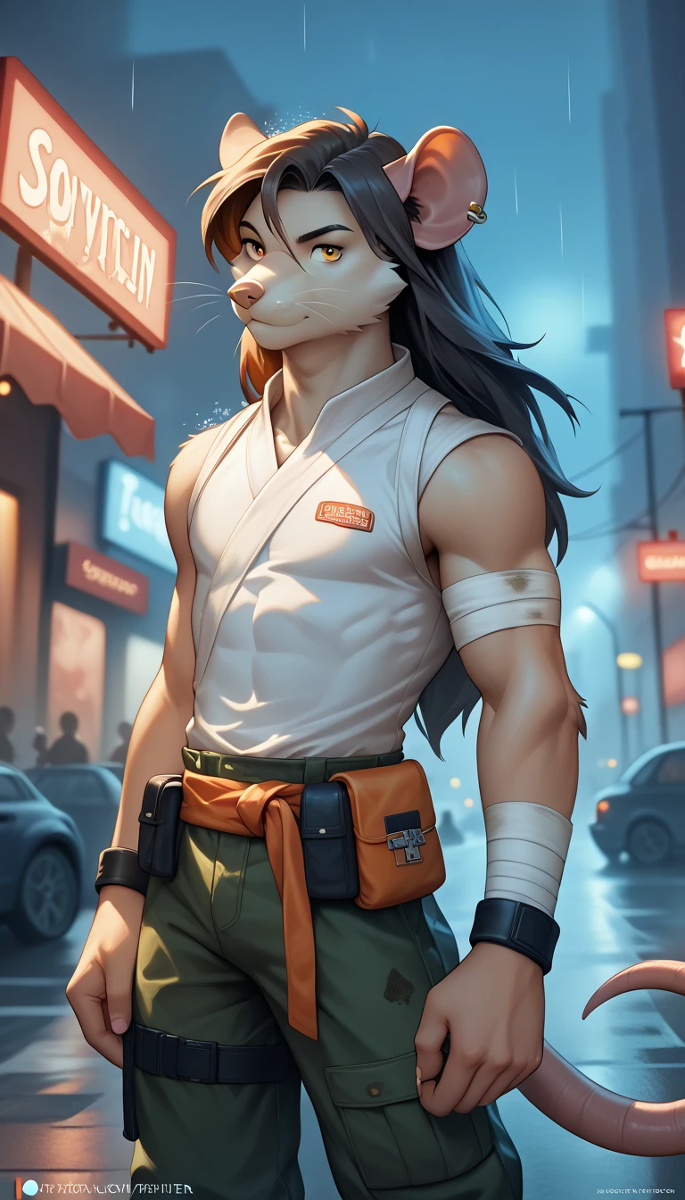 Alone,long hair,golden eyes, hairstyle, monk,skinny,teenager,young,dirty clothes,survival outfit,bandages, fur-trimm,rat furry,master Splinter, dark city,midnight,rain fall, melancholic tone,city lights in the background 