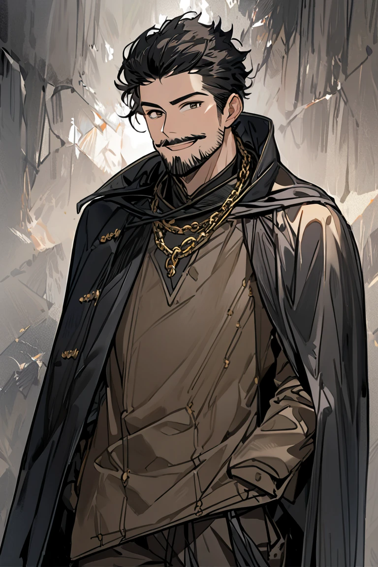 24-year-old smiling , with short black hair ,  wearing a long black cape over his shoulders , , he wears slightly loose brown pants with cuts below the knee and tucked up to the middle of the leg, with golden buttons along its exterior.  There is a silver chain around the neck . In addition to having a thin beard and mustache connection ,  and with a slightly defined body.