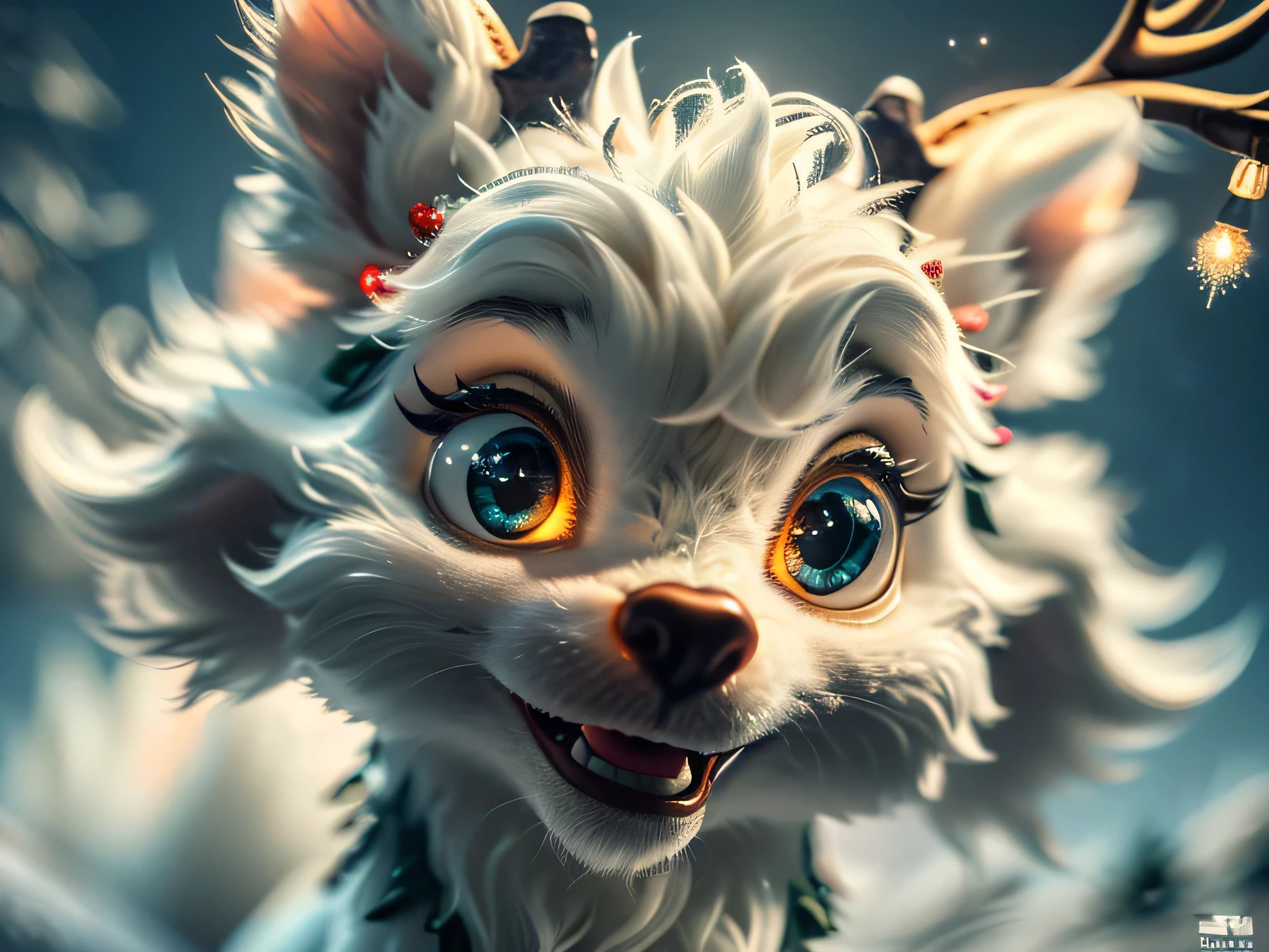 Magical Fantasy Creature, (Best Quality, Masterpiece, Representative Work, Official Art, Professional, Super Detailed, 8k:1.3), (Photorealism:1.2) Super Cute, Big Eyes, Soft, Soft Nose, Fluffy, Double-Toothed Smile, Aurorastyle, Highly detailed Dynamic shot of majestic adorable baby reindeer, high quality, beautiful masterpiece, fantasy creature, kawaii, digital art, glowing sparkles, Realistic, Beautiful, Stars in Eyes, Soft Volumetric Light, (Backlight:1.3), (Cinematic:1.2), Intricate Details, (ArtStation:1.3), --auto --s2