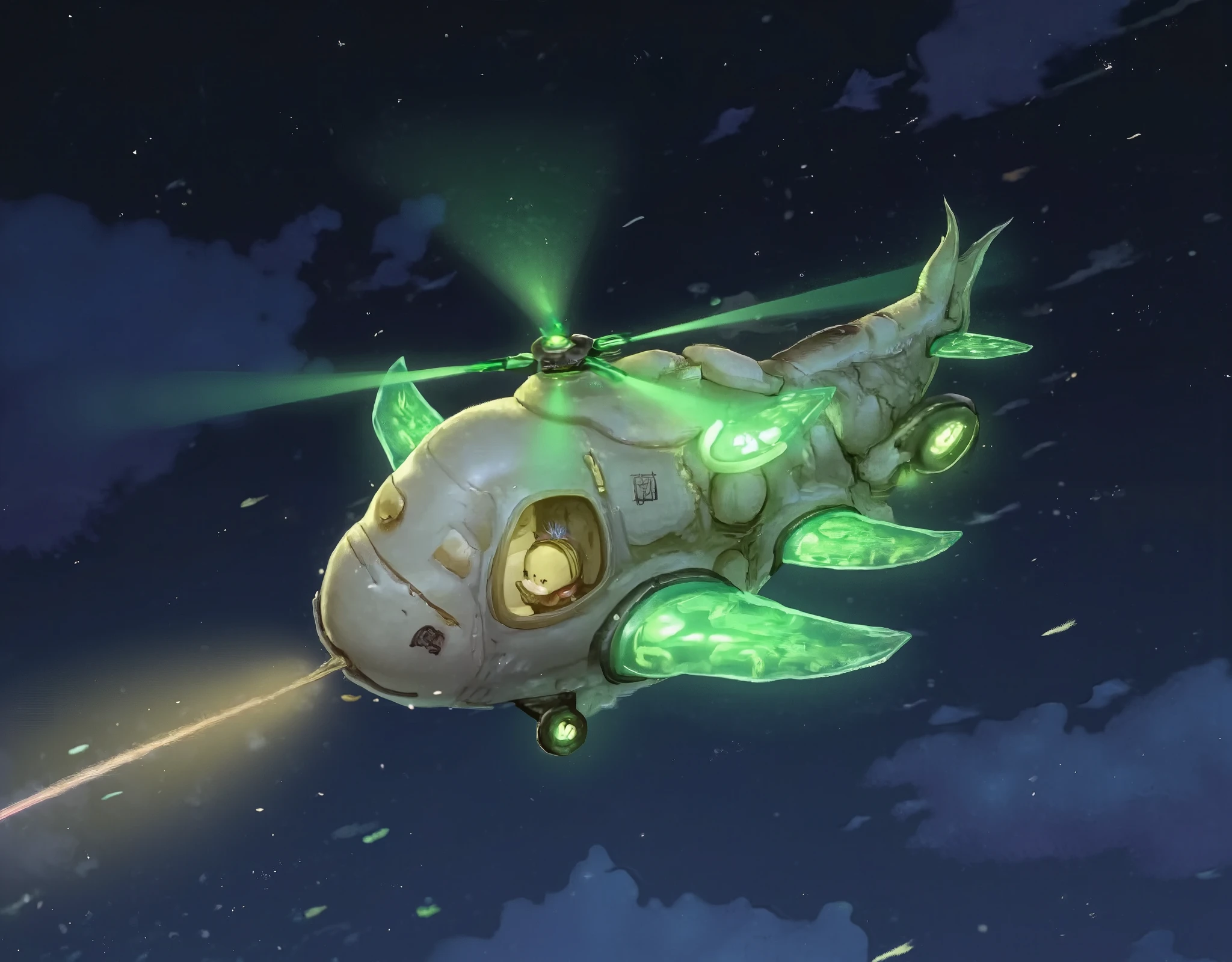 Cute helicopter in the shape of a white radish, green glowing helicopter wings, searchlight, white radish pilot, night flight, shooting star.