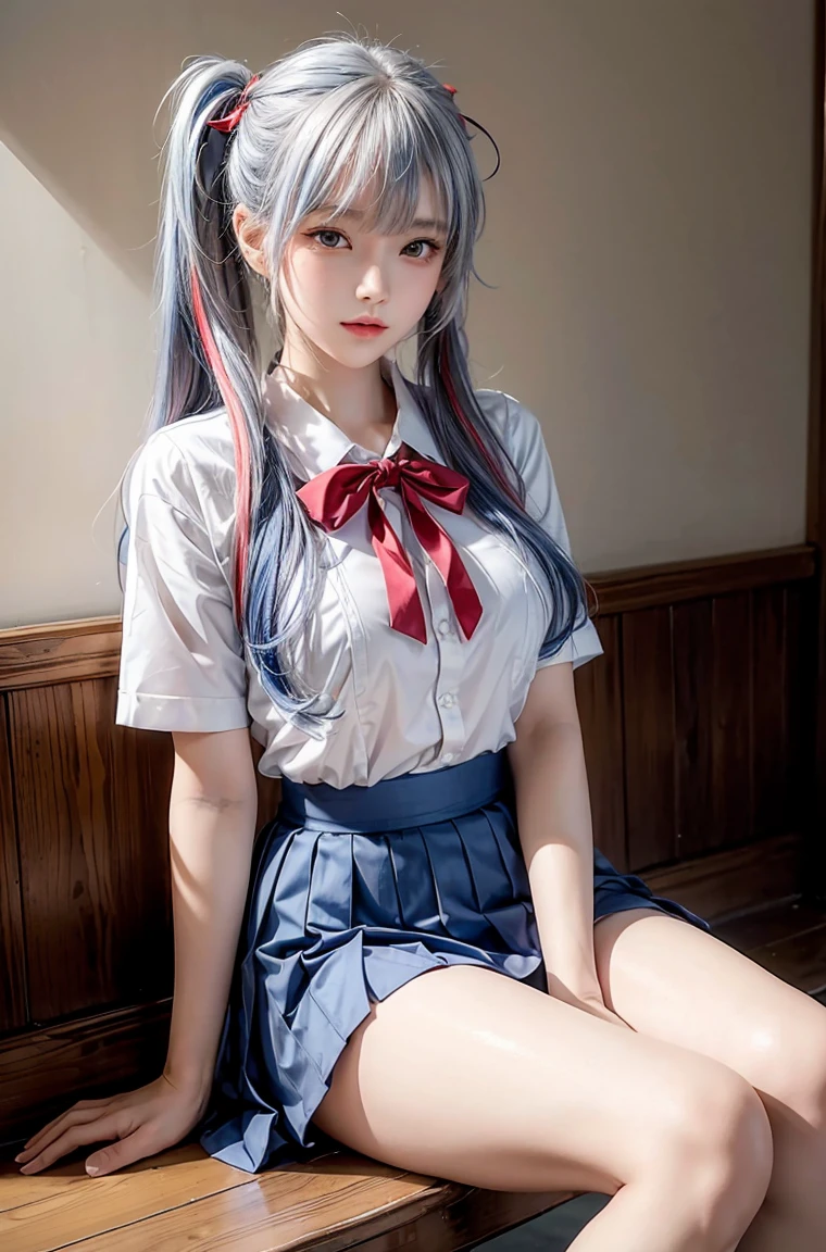 masterpiece, photorealistic, 1girl, blue detailed eyes, small nose, light blue shirt, dark blue ribbon, bright purple long hair, 2 buns, large chest, beautiful, innocent