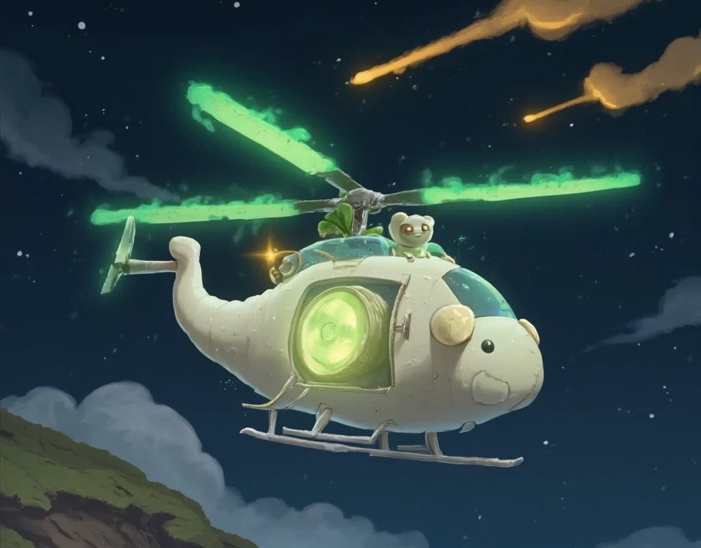 Cute helicopter in the shape of a white radish, green glowing helicopter wings, searchlight, white radish pilot, night flight, shooting star.