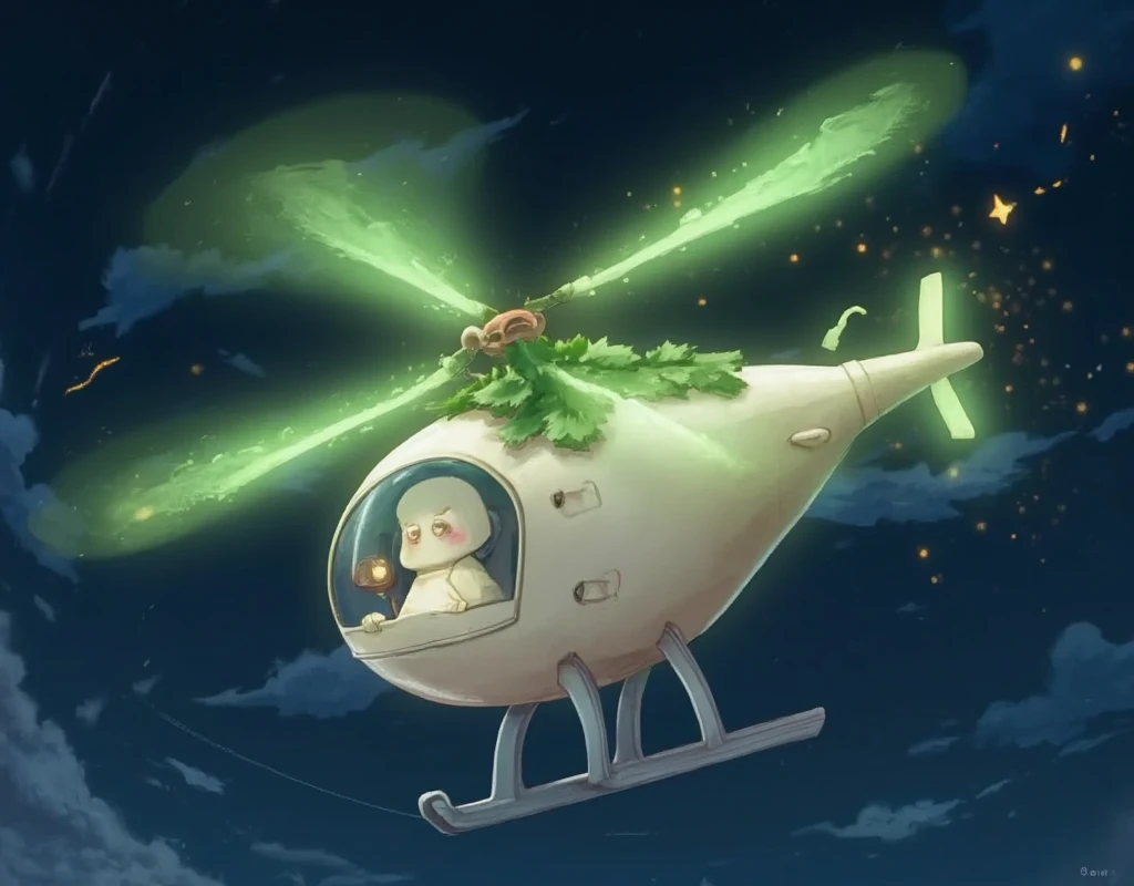 Cute helicopter in the shape of a white radish, green glowing helicopter wings, searchlight, white radish pilot, night flight, shooting star.