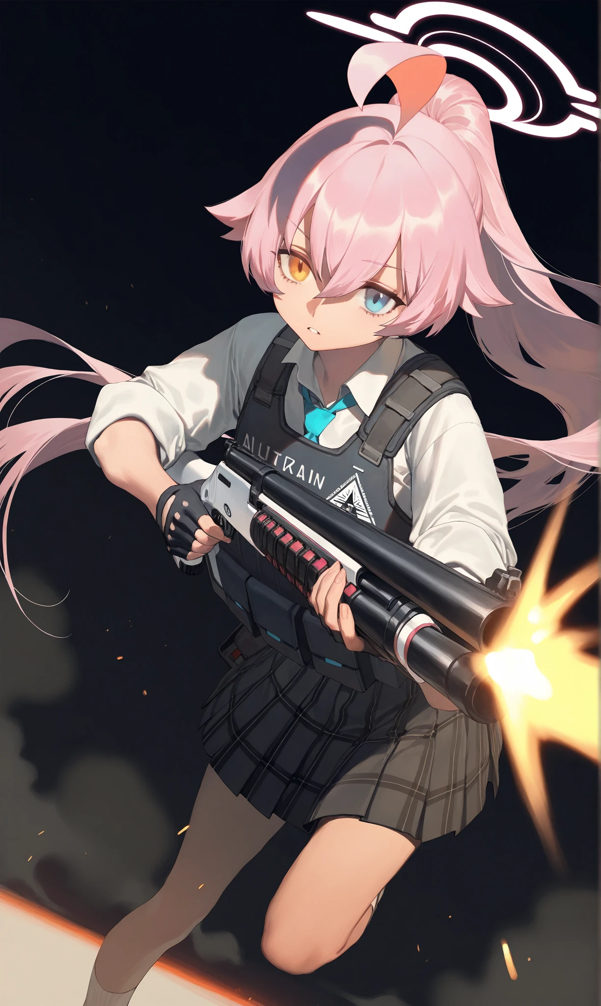 1girl, hoshino \(armed\) \(blue archive\), blue archive, lack, rei \(sanbonzakura\), airseal, (ciloranko:0.75), from above, dutch angle, feet out of frame, beretta 1301, shotgun, foreshortening, leaning forward, muzzle flash, floating hair, ahoge, steam, bulletproof vest, fingerless gloves, firing, hair between eyes, halo, holding gun, holding weapon, looking looking at viewer, parted lips, ponytail, froating, (shade:1.2), (orange theme:0.7), pleated skirt, standing on one leg, sidelocks, sleeves rolled up, solo, dust cloud, light particles, depth of field, black background, (leviathan \(hikinito0902\), modare:0.75), masterpiece, best quality, good quality, newest, year 2024, year 2023