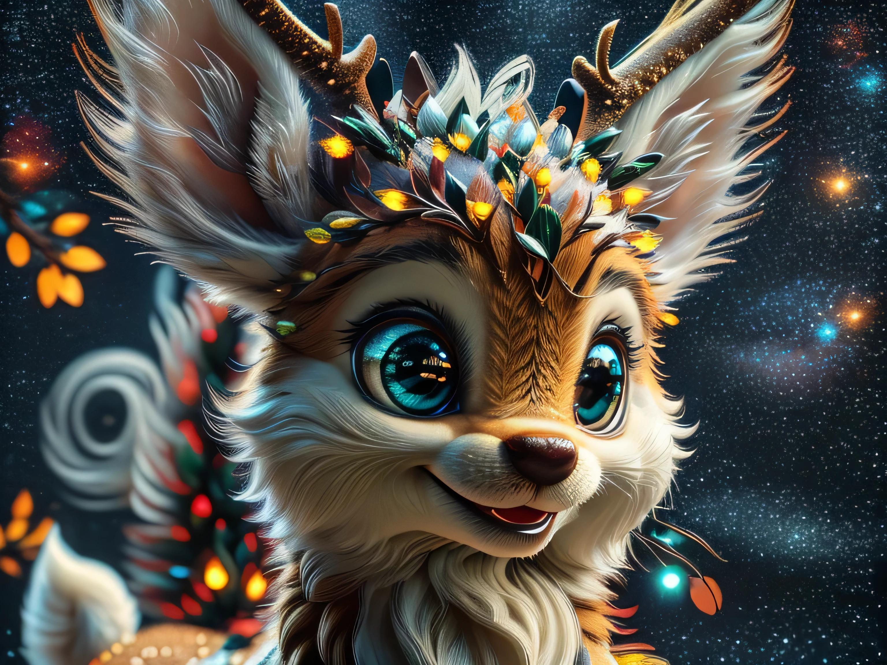 Magical Fantasy Creature, (Best Quality, Masterpiece, Representative Work, Official Art, Professional, Super Detailed, 8k:1.3), (Photorealism:1.2) Super Cute, Big Eyes, Soft, Soft Nose, Fluffy, Double-Toothed Smile, Aurorastyle, Highly detailed Dynamic shot of majestic adorable **** reindeer, high quality, beautiful masterpiece, fantasy creature, kawaii, digital art, glowing sparkles, Realistic, Beautiful, Stars in Eyes, Soft Volumetric Light, (Backlight:1.3), (Cinematic:1.2), Intricate Details, (ArtStation:1.3), --auto --s2