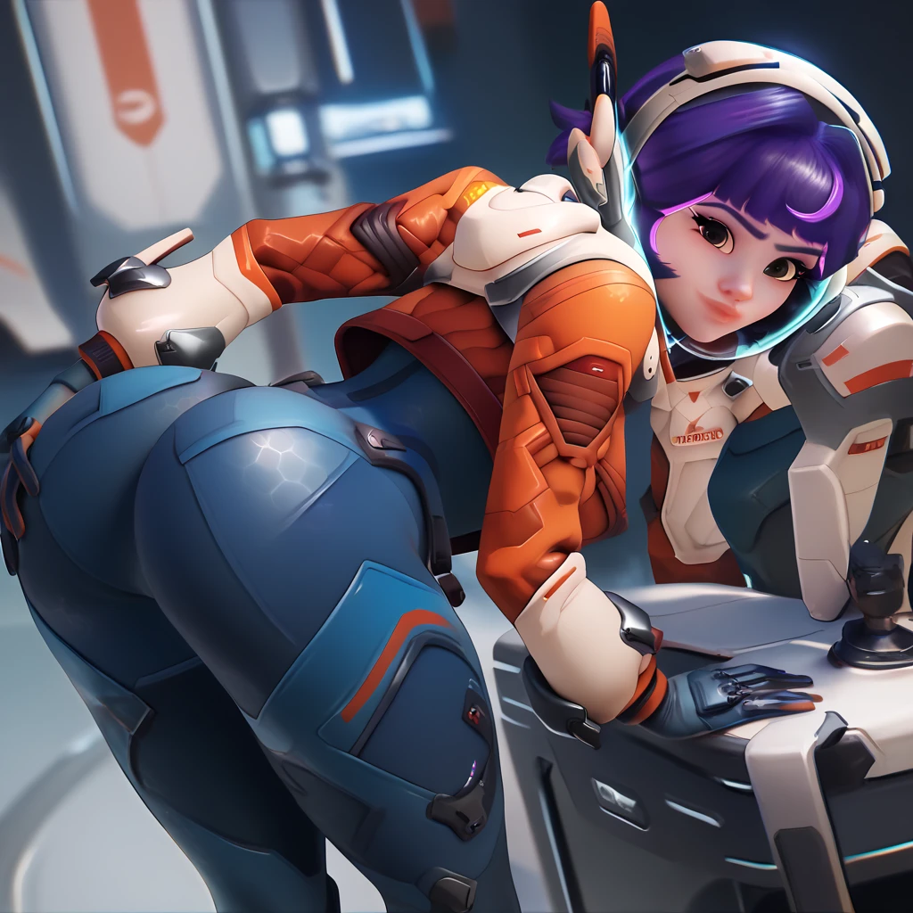 1girl, short hair, brown eyes, curvy waist, skinny, butt, small boobs , bent over, big butt, exposed , smiling, ass, jn0, space suit, purple hair,