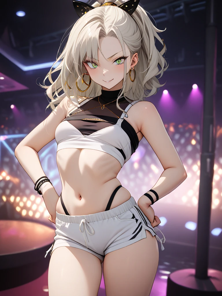 (  Masterpiece ),  best quality,  's expressive eyes ,  perfect face, Nightclub Background), ( standing), ( smirking ), (Close up view), ( 1 girl, Blair Ivory,  細身のbody型, thin body, skinny body,  smaller_body,  medium chest ,  Thin Thighs , Long nails, , White Shorts ,  crop top, Drawstring strap,  hoop earrings, Various Jewelry,  nasty)), Slim Hips