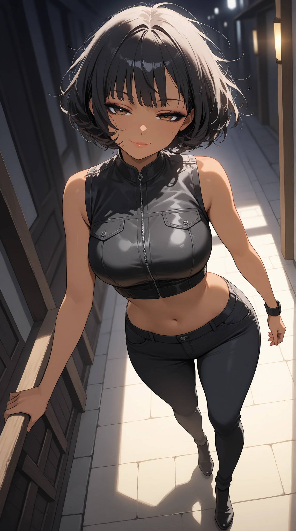 (masterpiece), best quality, perfect face,hourglass body, 1 woman, 1female, solo,detailed skin, tan skin, 1girl, solo, black hair, bangs, curvy, brown eyes, half closed eyes, black hair, bob cut, curly hair, messy hair, side bangs, medium breasts, closed eyes, dark-skinned female, dark skin, ((crop top vest)), shirt casual, badass, (seductive smile), curvy, looking at viewer, standing, beautiful face, mascara, black eyeliner, lips,  walking, expressionless, exposed shoulders, walking  wave, dynamic angle , cinematic lighting, anime coloring, anime screencap, very aesthetic, (((dynamic pose))), ((full body)), 

 floating pattern, glowing