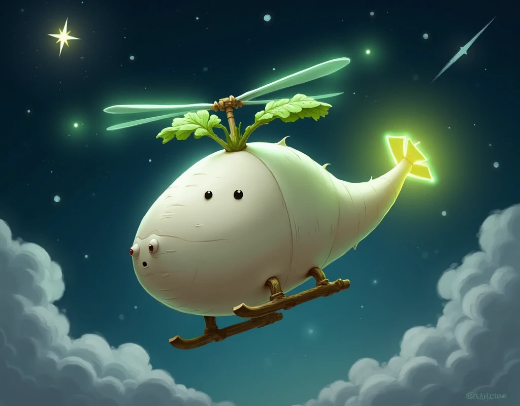 Cute helicopter in the shape of a white radish, green glowing helicopter wings, searchlight, white radish pilot, night flight, shooting star.