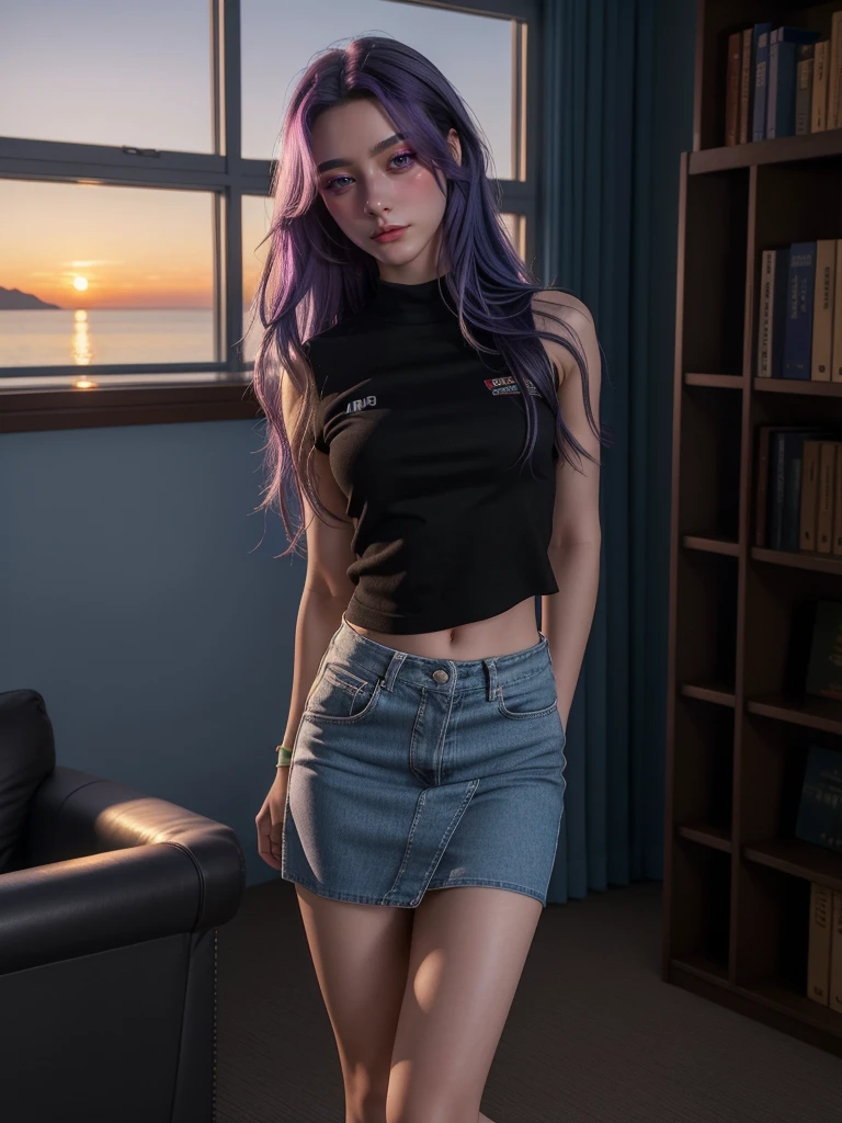 ((masterpiece)), ((best quality)), ((highres)), ((detailed background)), ((extremely detailed CG unity 8k wallpaper)), 1girl, big girl, big proportions, meaty limbs, 23 years old, solo, gym girl body, good booty, good legs, medium size breast, natural lighting, sunset, ichinose kotomi, clannad uniform, blue skirt, black socks, two side up, hair ornaments, photography, person, tarankaaa, blueish purple hair, library background, 8k photography
