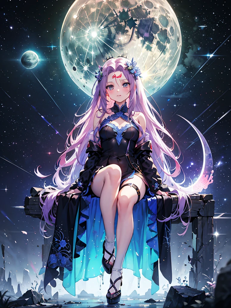 Gemstones Space Background　Sitting on the throne　Purple Hair　Purple eyes　Purple Dress　beautiful girl　True Face