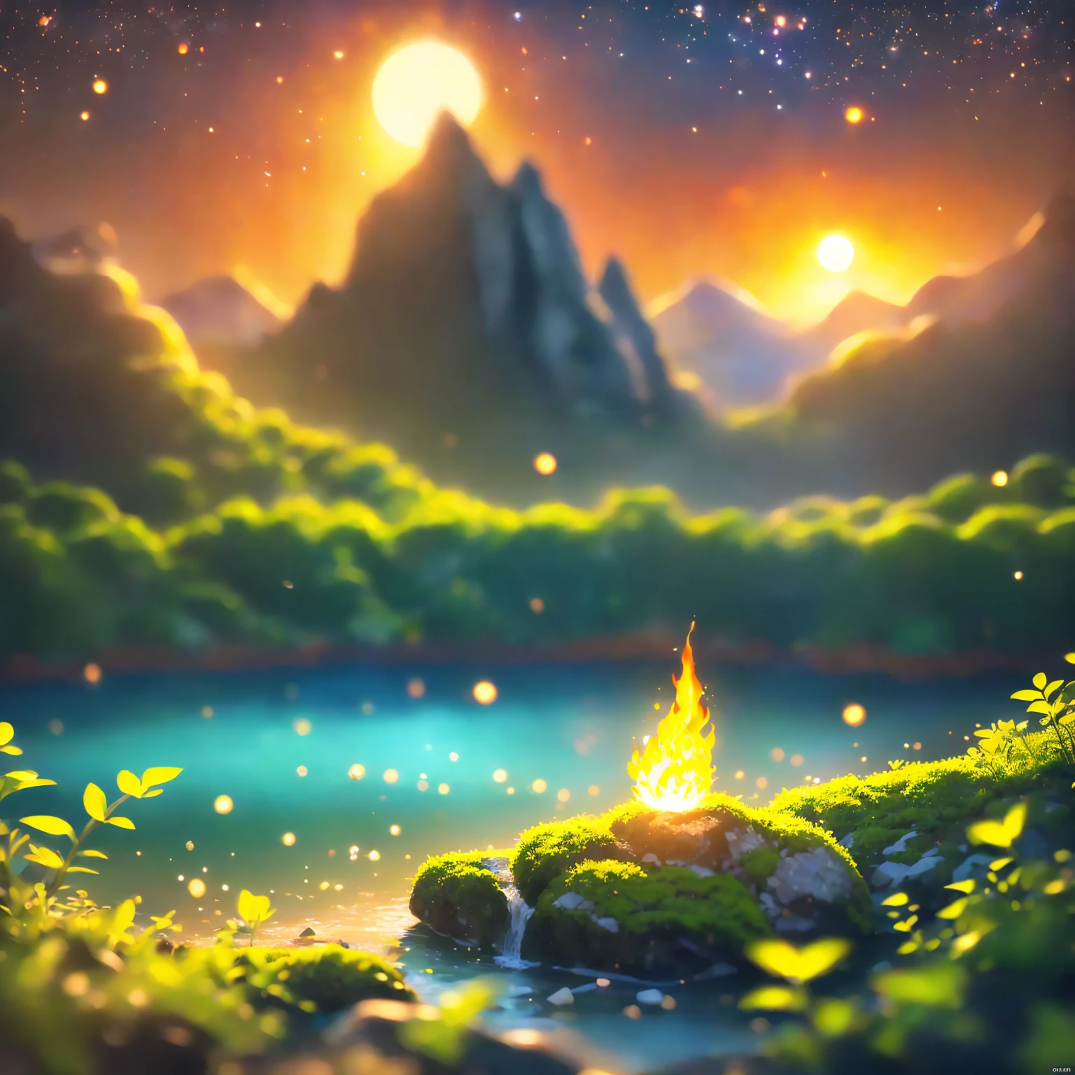 8K quality,(super masterpiece:1.3), best quality, detailed images,unmanned,(In the mountains,(Bonfire,Fantastic Flame),Lush trees々,Small tree 々, with lots of petals dancing,cliff, Rock Field, fantastic waterfall,lake,lake畔,moss,水moss,full moon,Sunset,background(sunset,sunsetの空,cloud, starry sky , gradient )).