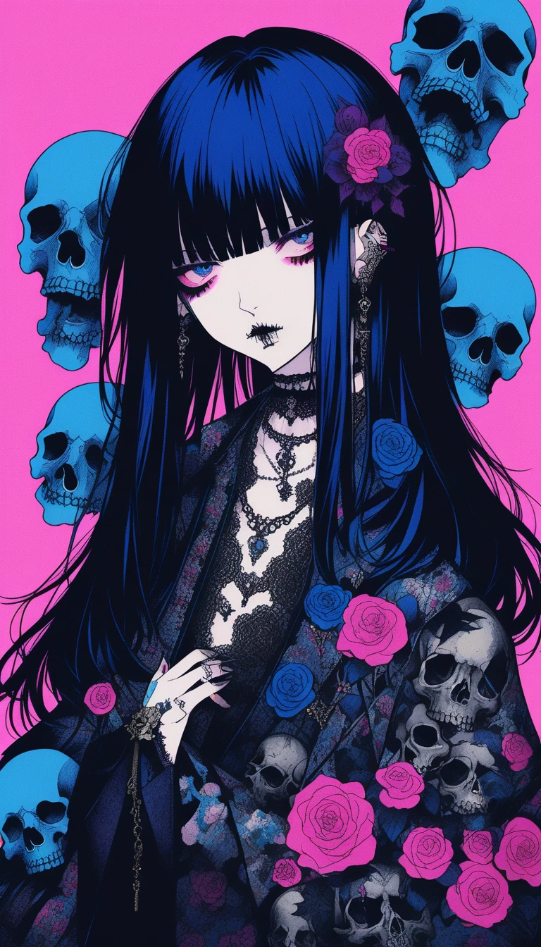 score_9, score_8_up, score_7_up, 1girl, long hair, black hair, split dyed hair, purple hair, hairclip, skull logo, hair ornament, detailed background, purple eyes, punk clothes, purple hairclip, hair accessory, gothic clothes, fishnets, dynamic pose, lace, black clothes, purple clothes, striped, purple ribbon, (expressionless), blush, :o, <lora:cute_style_pony_v2:0.6>, CuteStyle, cuteeyes, cross necklace, gothic, head tilt, hand on own cheek, skirt, belt, chains, sitting,