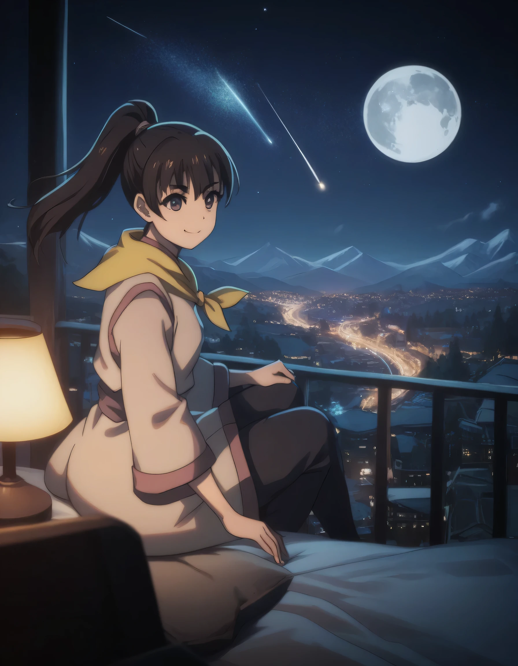 score_9, score_8_up, score_7_up, gsfghtr, multicolored robe, neckerchief, 1girl, bright, best lighting, smile, on top of mountain, city lights at night, moon, shooting stars