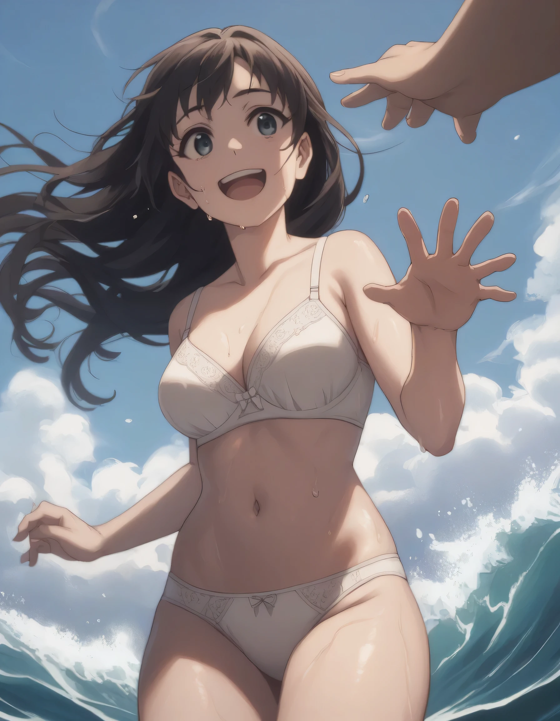 score_9, score_8_up, score_7_up, gsfghtr, ((long straight hair)), white bra, white panties, 1girl, smile, open mouth, wave hand, hills, sweaty, blue sky, bright, midday afternoon,